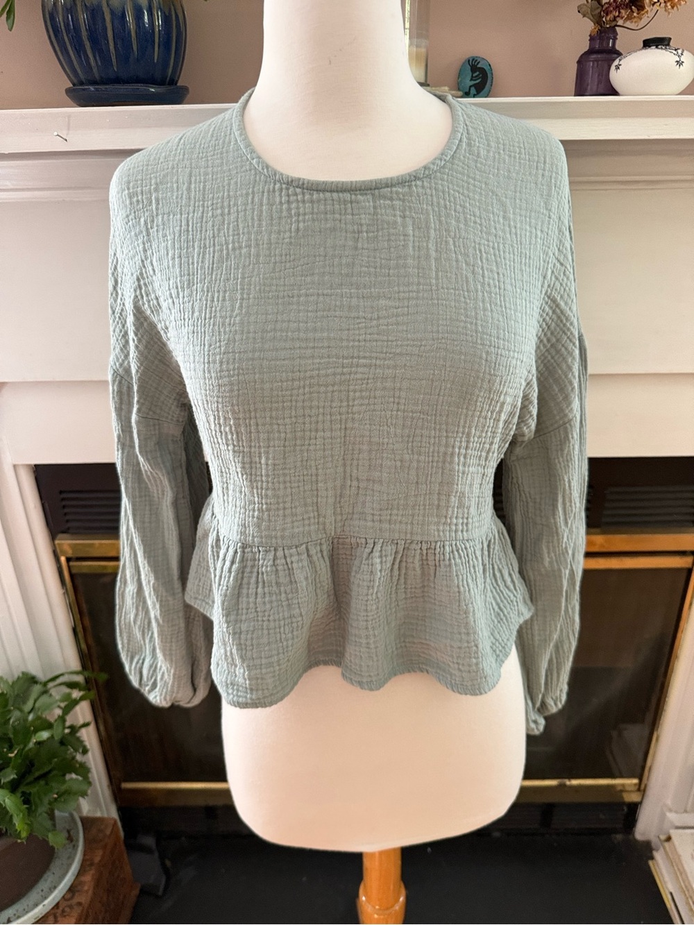 Altar'd State Sage Green Peplum Long-Sleeve Top size XS